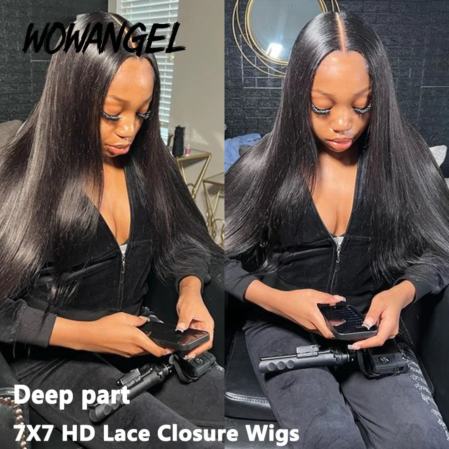 Wow Angel Glueless Wigs 7x7/6x6/5x5 HD Lace Closure Wigs Silk Straight Melt Skins Deep Part Ready to Go Human Hair Wig For Woman