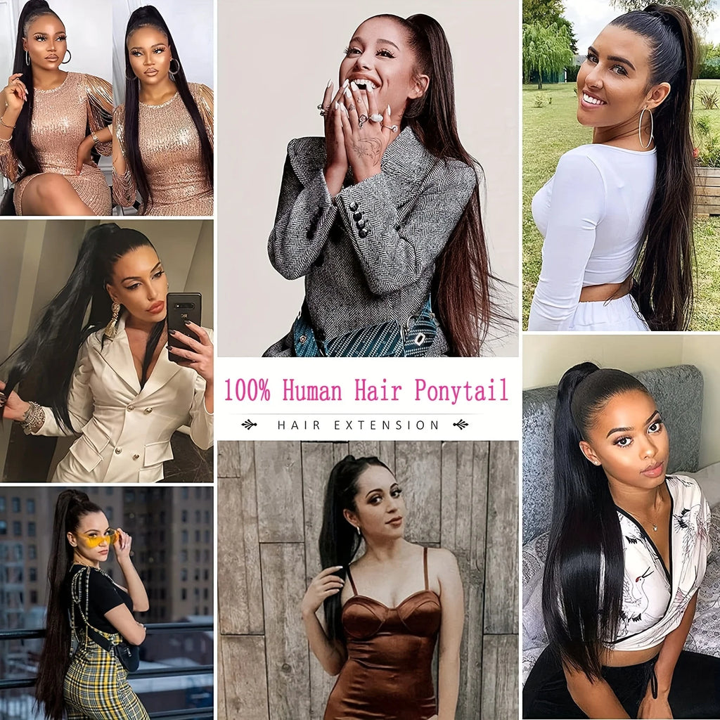 Straight Ponytail 100% Real Human Hair Drawstring Ponytail Clip In Hair Extensions Brazilian Virgin Natural Black Clips Ponytail