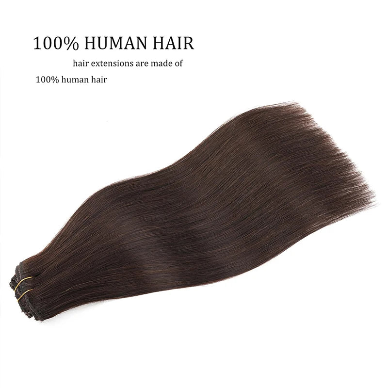 Human Hair Clip In Extensions 8pcs Lace  Straight Clip In Remy Hair Extensions #2 Dark Brown Double Weft Human Hair Clip In