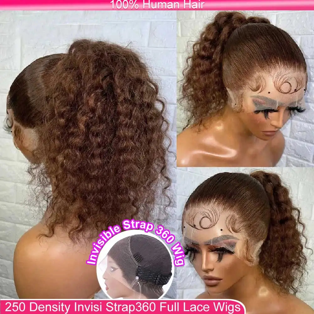 Water Wave 30 32 36Inch Invisible Strap 360 Full Lace Front Wig Chocolate Brown Deep Wave Frontal Wig Glueless Wig Human Hair