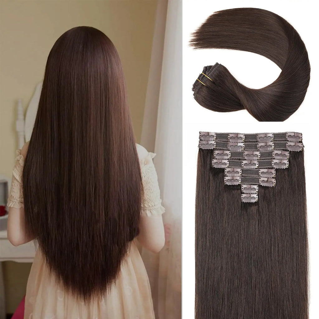 Human Hair Clip In Extensions 8pcs Lace  Straight Clip In Remy Hair Extensions #2 Dark Brown Double Weft Human Hair Clip In
