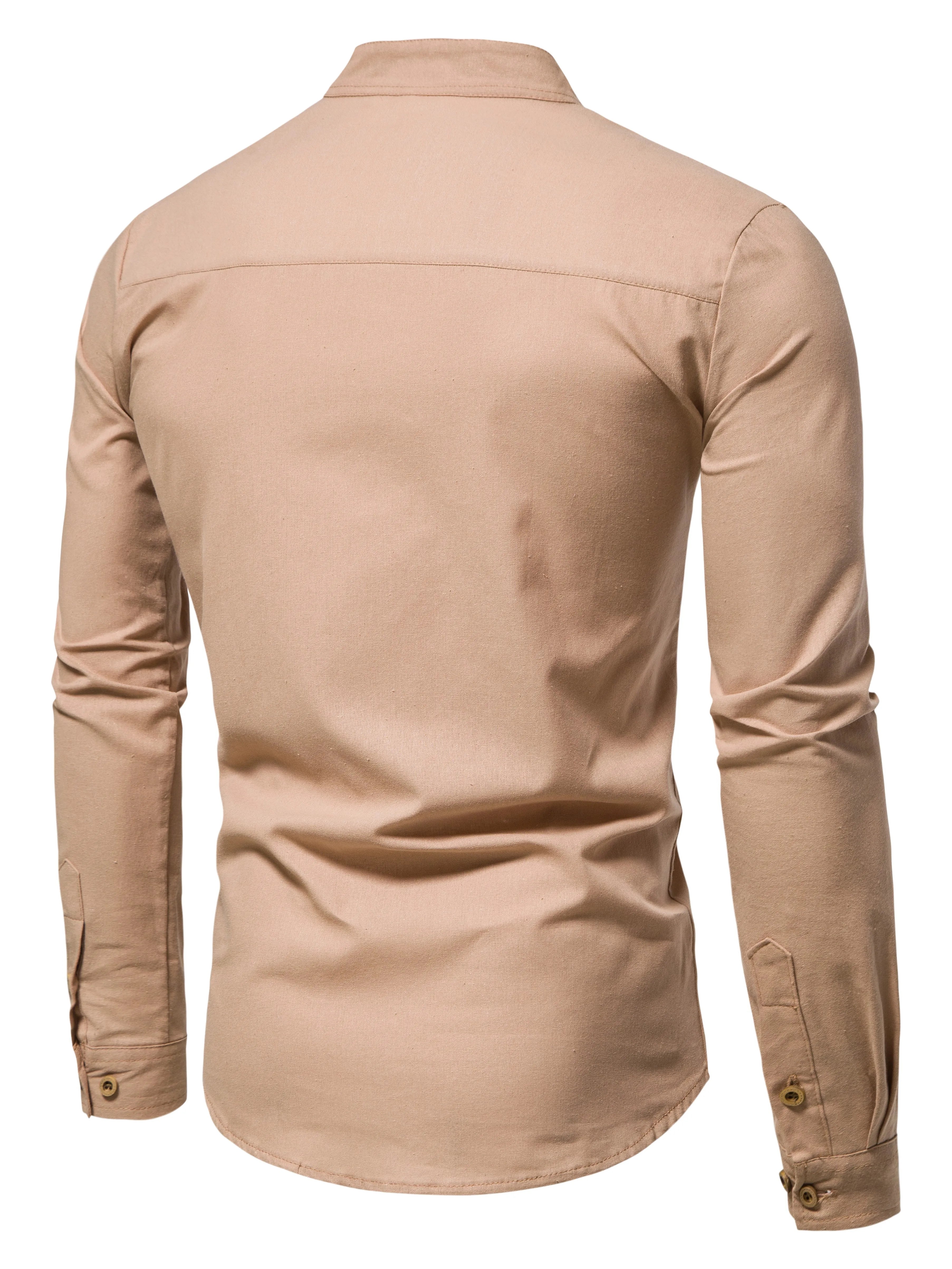 Spring and autumn men's pure cotton solid color shirts, elegant long-sleeved stand-up collar shirts, slim-fit men's shirts