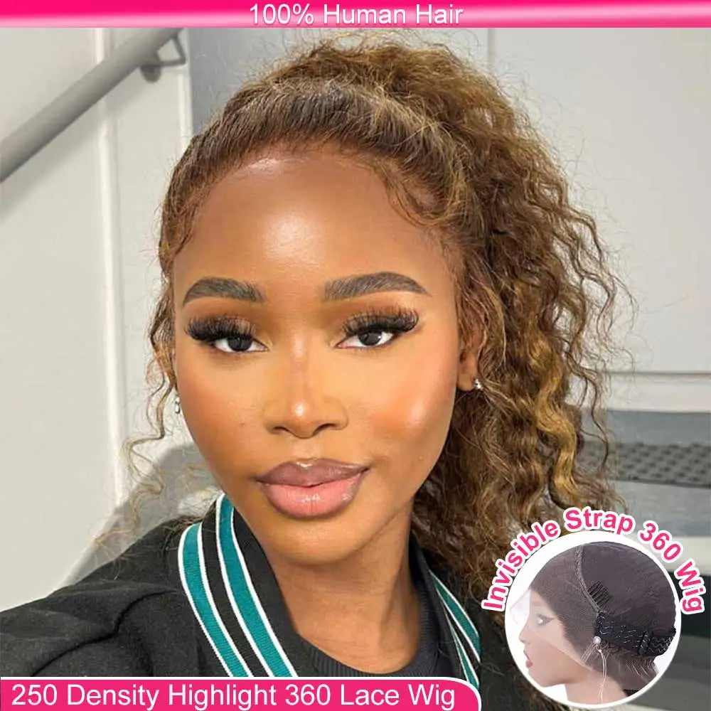 Water Wave 30 32 36Inch Invisible Strap 360 Full Lace Front Wig Chocolate Brown Deep Wave Frontal Wig Glueless Wig Human Hair