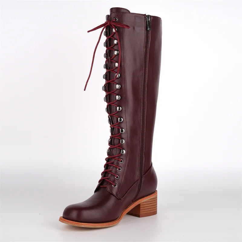 Onlymaker Women Knee High Boots Round Toe Black Matte Gothic Heeled Concise Side Zipper Winter Lace UP Motorcycle Boots