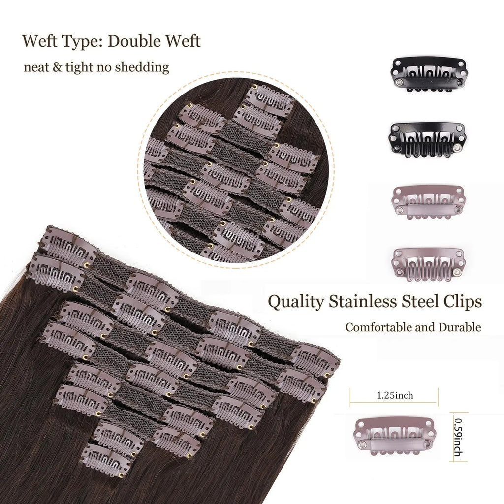 Human Hair Clip In Extensions 8pcs Lace  Straight Clip In Remy Hair Extensions #2 Dark Brown Double Weft Human Hair Clip In