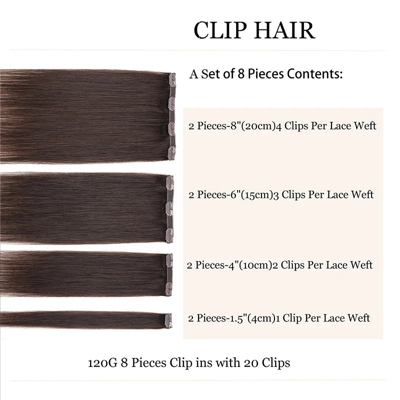 Human Hair Clip In Extensions 8pcs Lace  Straight Clip In Remy Hair Extensions #2 Dark Brown Double Weft Human Hair Clip In