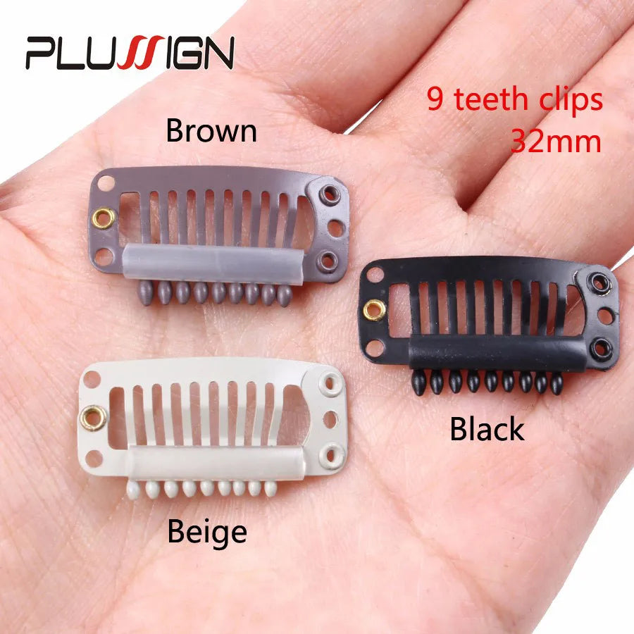 Plussign 10Pcs/Lot Brown Black Rubber Wig Clips and Combs For Hair Extensions 32mm Wire Shape Wig Cap Clips For Sale