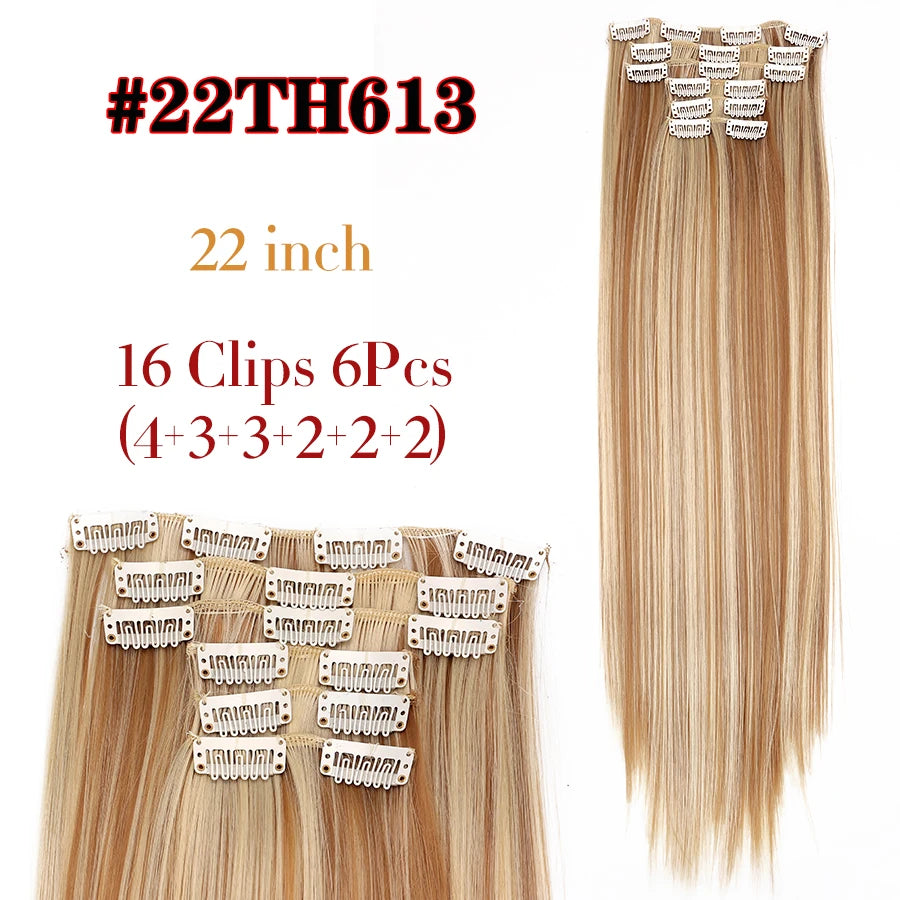 Clip-In Hair Extensions Syntetic Hair 22Inch Long Wave Hair Extensions Ombre Cclip-In One Piece 6Pcs/Set Fake Hairpiece