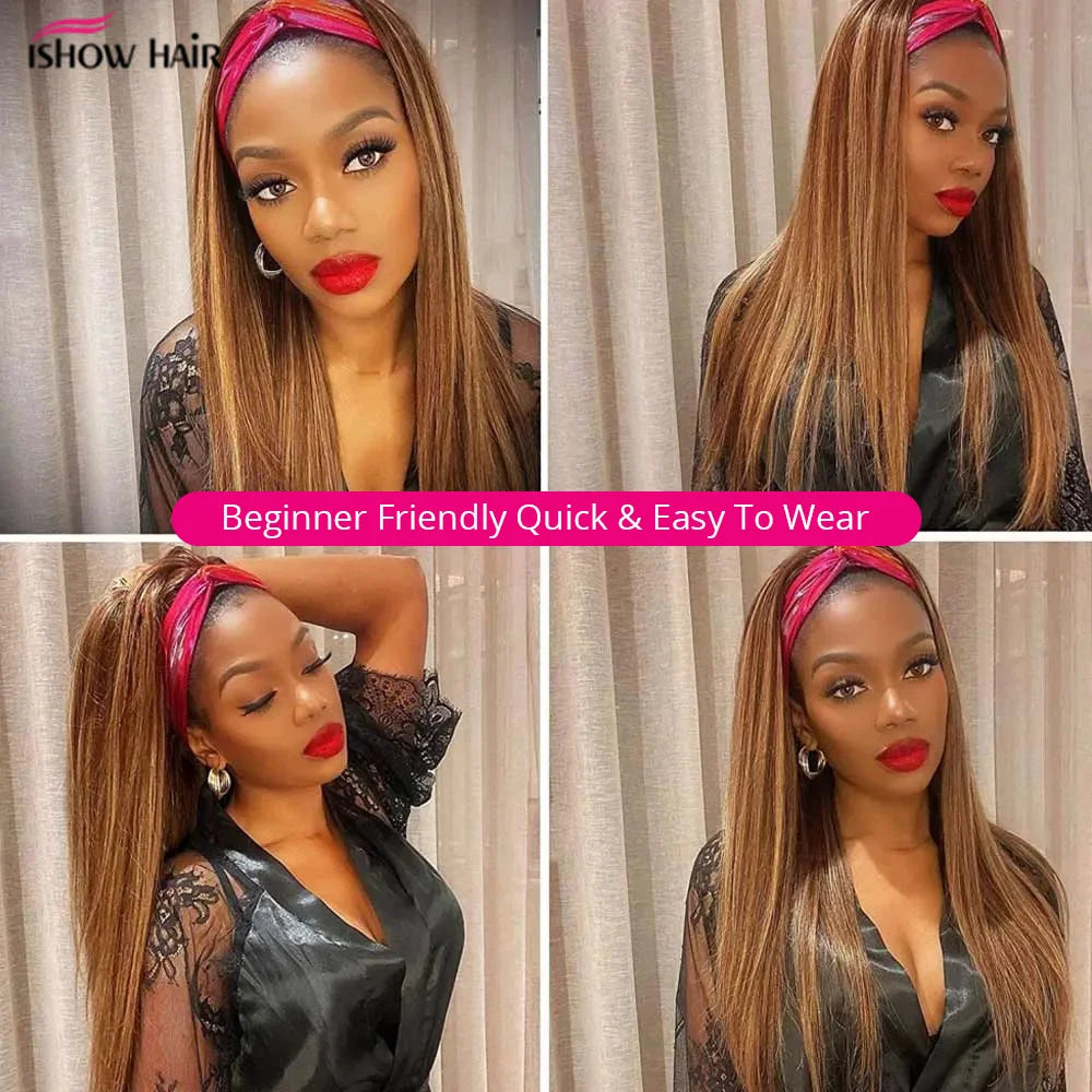 Ishow Highlight Headband Wig Human Hair Wigs For Women P4 27 Colored Straight Human Hair Wigs Brazilian Hair Scarf Wig