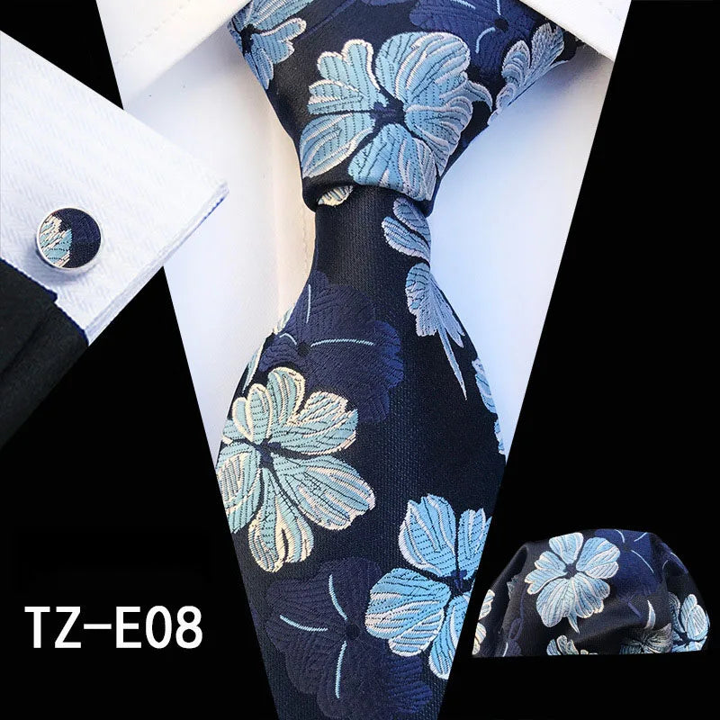 Ricnais Fashion 8cm Men's Silk Tie Set Red Green Floral Handkershief Cufflinks Necktie Suit Business Wedding Neck Ties Set Gift
