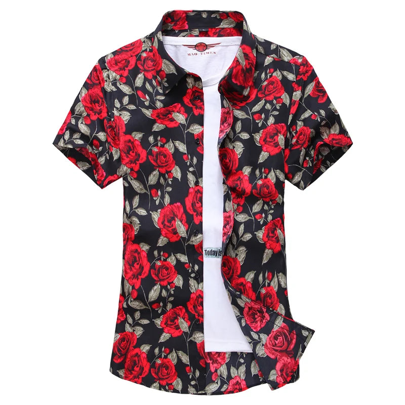 2026 Summer Mens Hawaiian Shirt, Printed Short Sleeve Asian Sizes Hawaii Rose Flower Beach Floral Patterns Shirts S-7XL