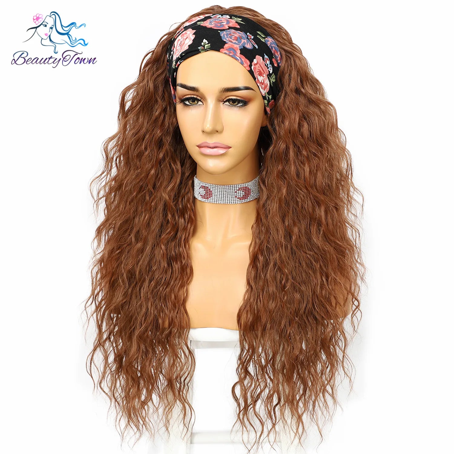 Synthetic Headband Wig for Women Kinky Curly Long Brown #30 Color Daily Wedding Party Travel Holiday Easy Wear Hair 2 Free Bands