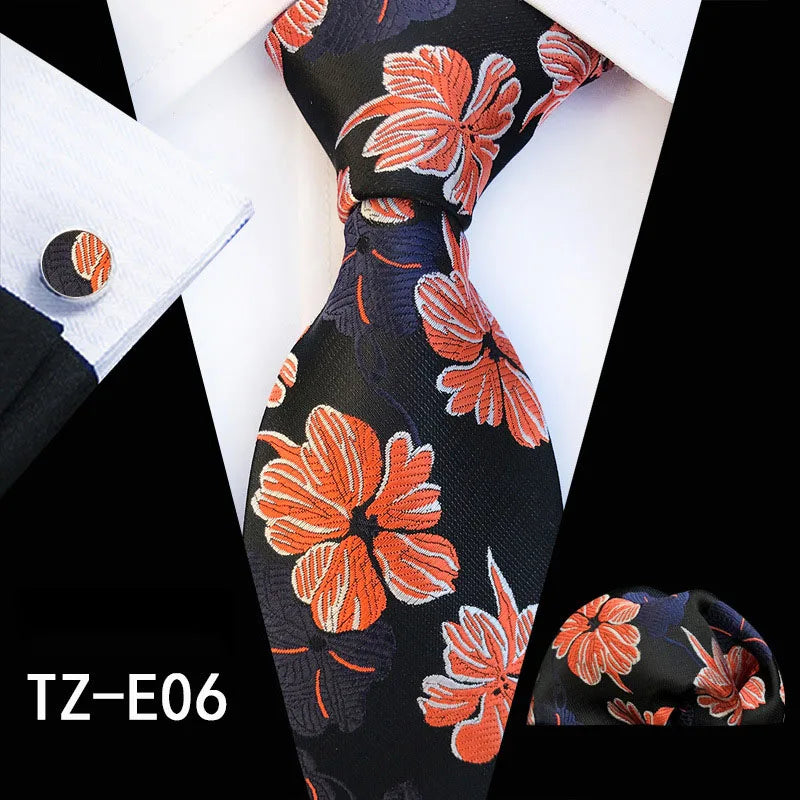 Ricnais Fashion 8cm Men's Silk Tie Set Red Green Floral Handkershief Cufflinks Necktie Suit Business Wedding Neck Ties Set Gift