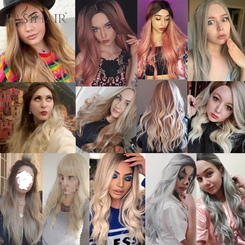 EASIHAIR Ombre Brown Light Blonde Platinum Long Wavy Middle Part Hair Wig Cosplay Natural Heat Resistant Synthetic Wig for Women