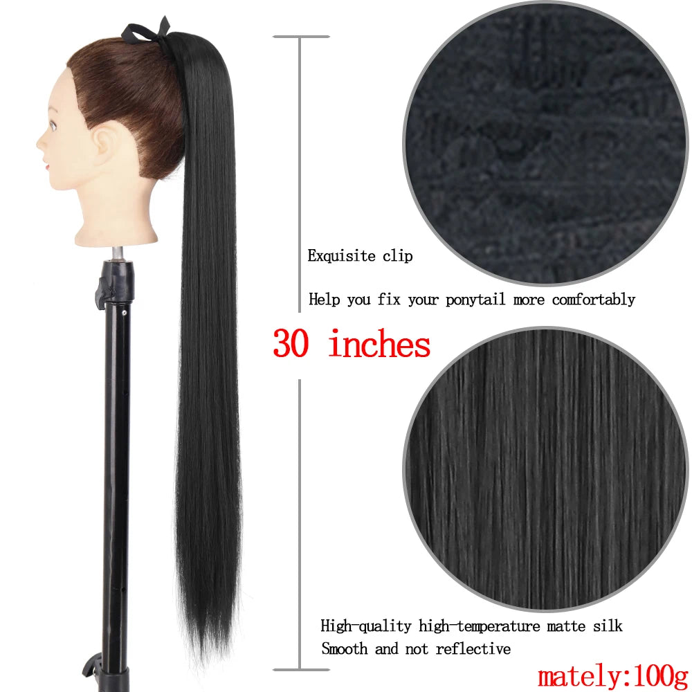 LISI GIRL Synthetic 34" 22" Long Straight Ribbon Fake Ponytails Clip on Hair Tail Extensions Black Hair Pieces With Hairpins
