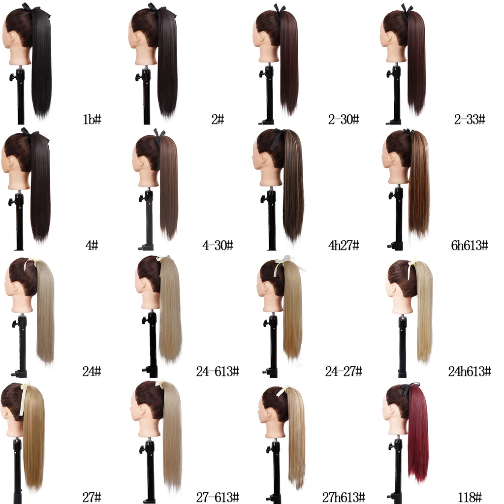 LISI GIRL Synthetic 34" 22" Long Straight Ribbon Fake Ponytails Clip on Hair Tail Extensions Black Hair Pieces With Hairpins