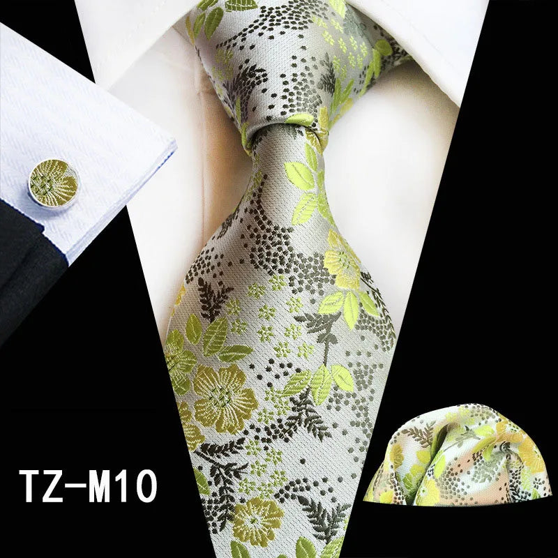 Ricnais Fashion 8cm Men's Silk Tie Set Red Green Floral Handkershief Cufflinks Necktie Suit Business Wedding Neck Ties Set Gift