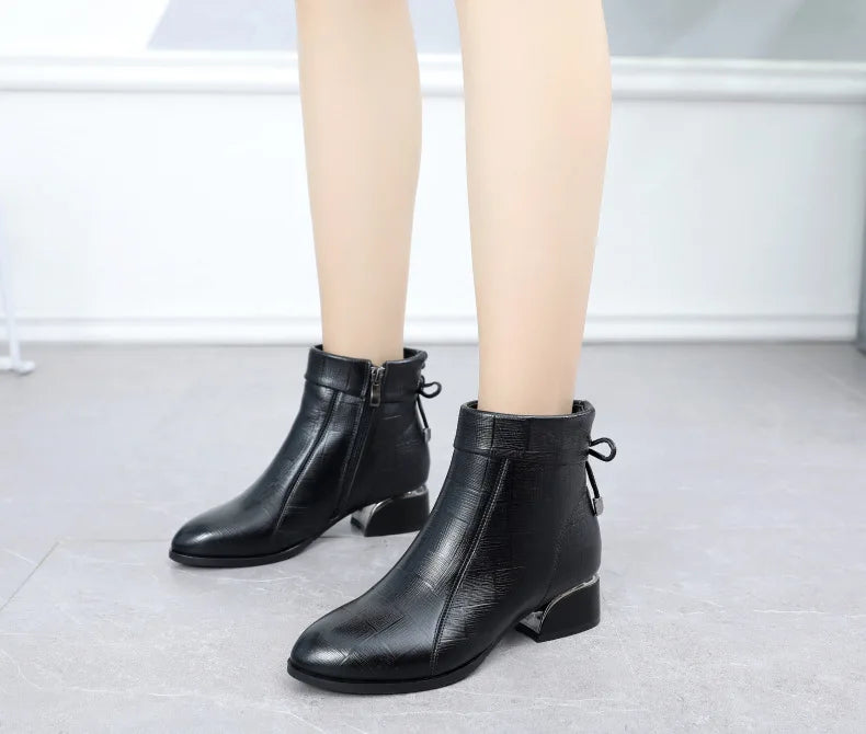 GKTINOO New Ankle Boots Women Pointed Toe Thick Heels Genuine Leather Shoes Short Boots Soft Sole Footwear Plus Size 35-43