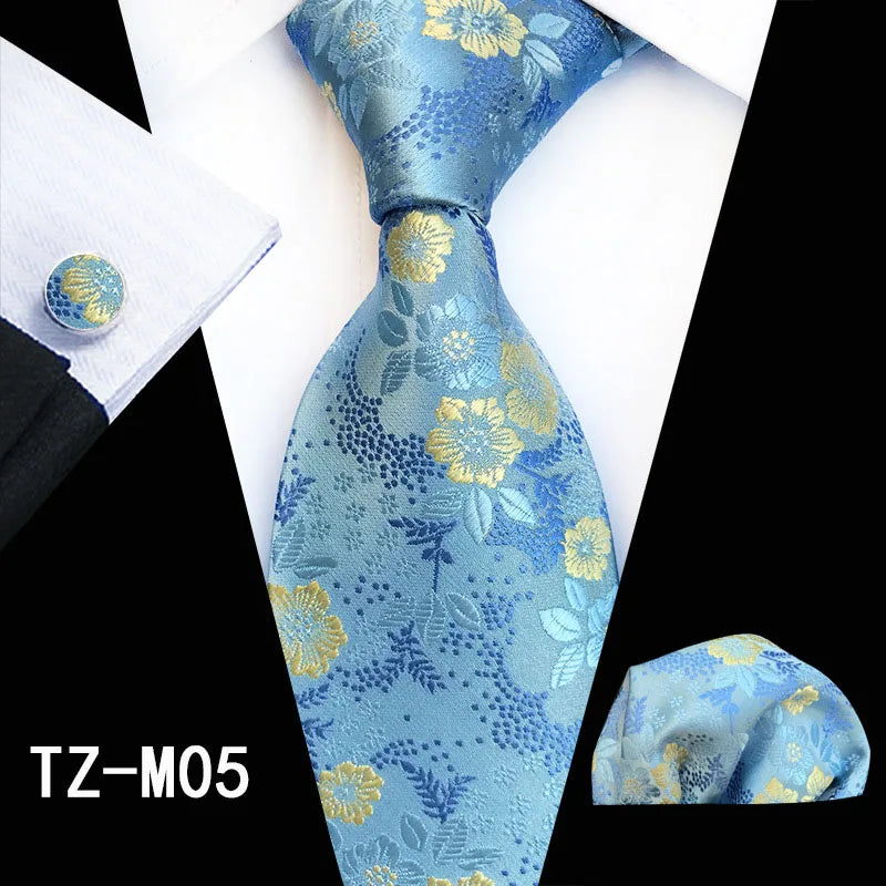 Ricnais Fashion 8cm Men's Silk Tie Set Red Green Floral Handkershief Cufflinks Necktie Suit Business Wedding Neck Ties Set Gift