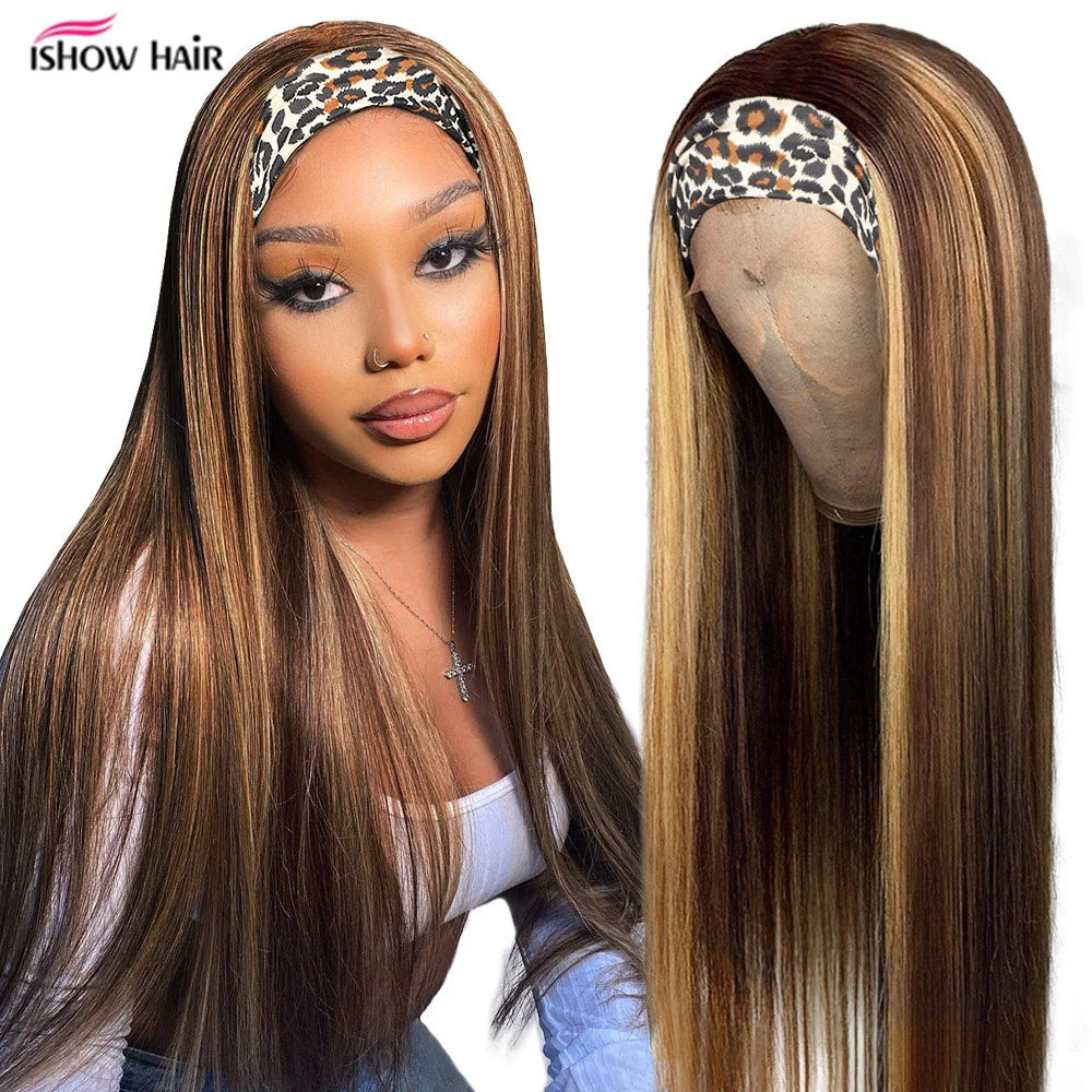Ishow Highlight Headband Wig Human Hair Wigs For Women P4 27 Colored Straight Human Hair Wigs Brazilian Hair Scarf Wig