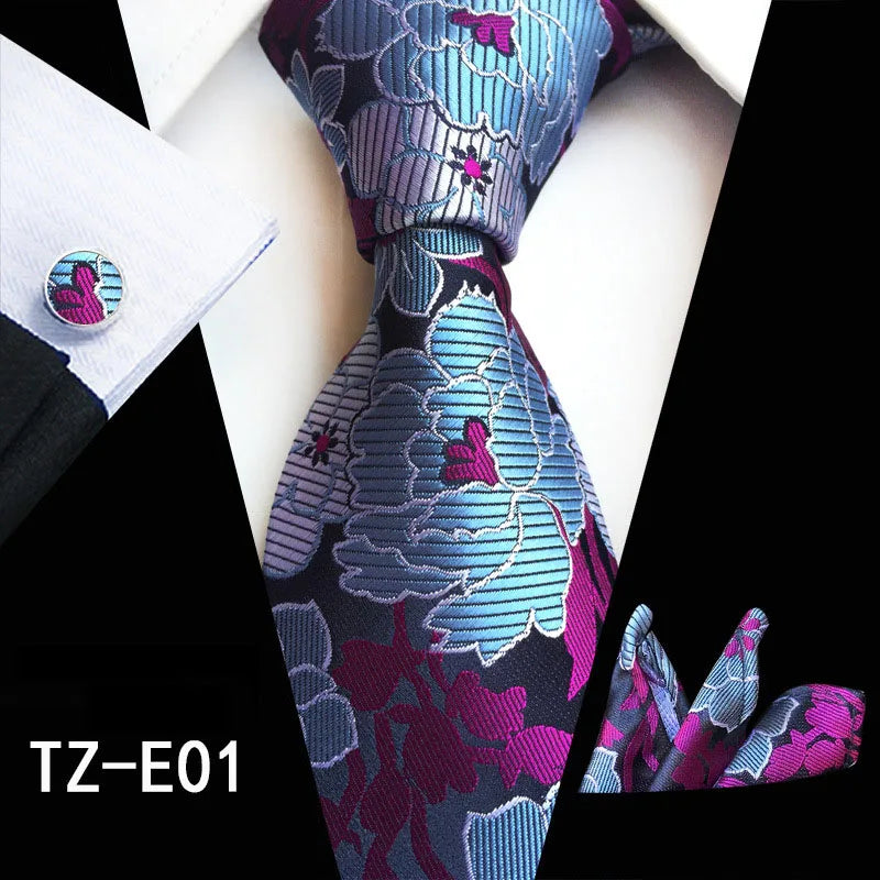 Ricnais Fashion 8cm Men's Silk Tie Set Red Green Floral Handkershief Cufflinks Necktie Suit Business Wedding Neck Ties Set Gift
