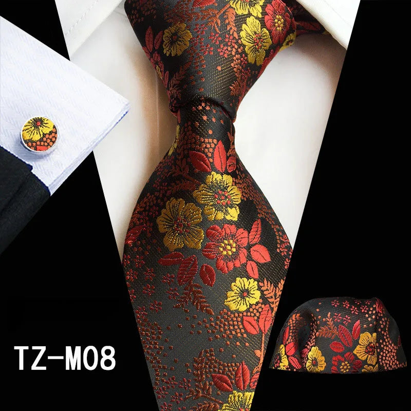 Ricnais Fashion 8cm Men's Silk Tie Set Red Green Floral Handkershief Cufflinks Necktie Suit Business Wedding Neck Ties Set Gift