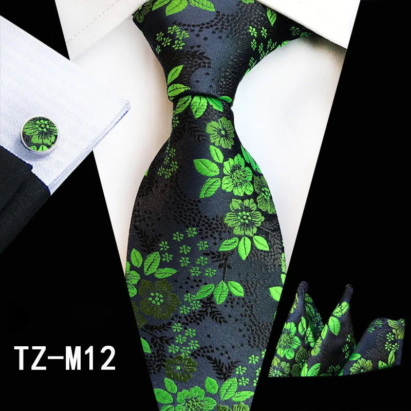 Ricnais Fashion 8cm Men's Silk Tie Set Red Green Floral Handkershief Cufflinks Necktie Suit Business Wedding Neck Ties Set Gift