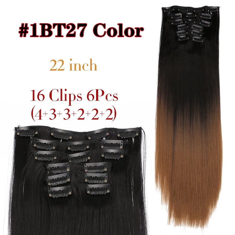 Clip-In Hair Extensions Syntetic Hair 22Inch Long Wave Hair Extensions Ombre Cclip-In One Piece 6Pcs/Set Fake Hairpiece