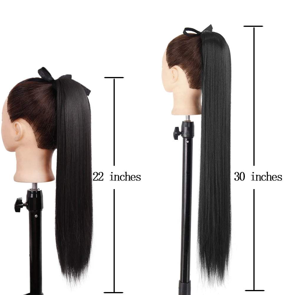 LISI GIRL Synthetic 34" 22" Long Straight Ribbon Fake Ponytails Clip on Hair Tail Extensions Black Hair Pieces With Hairpins