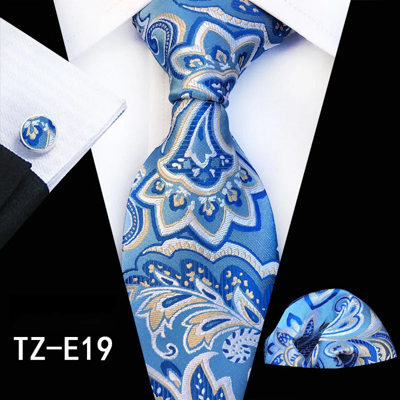 Ricnais Fashion 8cm Men's Silk Tie Set Red Green Floral Handkershief Cufflinks Necktie Suit Business Wedding Neck Ties Set Gift