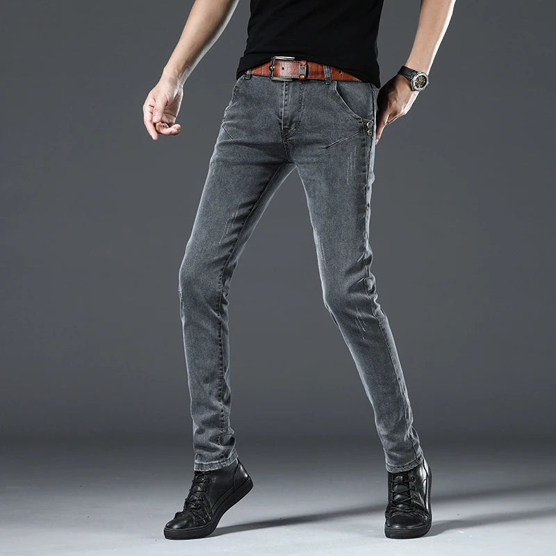 Trendy Men Skinny Jeans Retro Washed Snowflake Slim Fit Type Classic Simple Casual Fashion Street Skateboarding Denim Pants