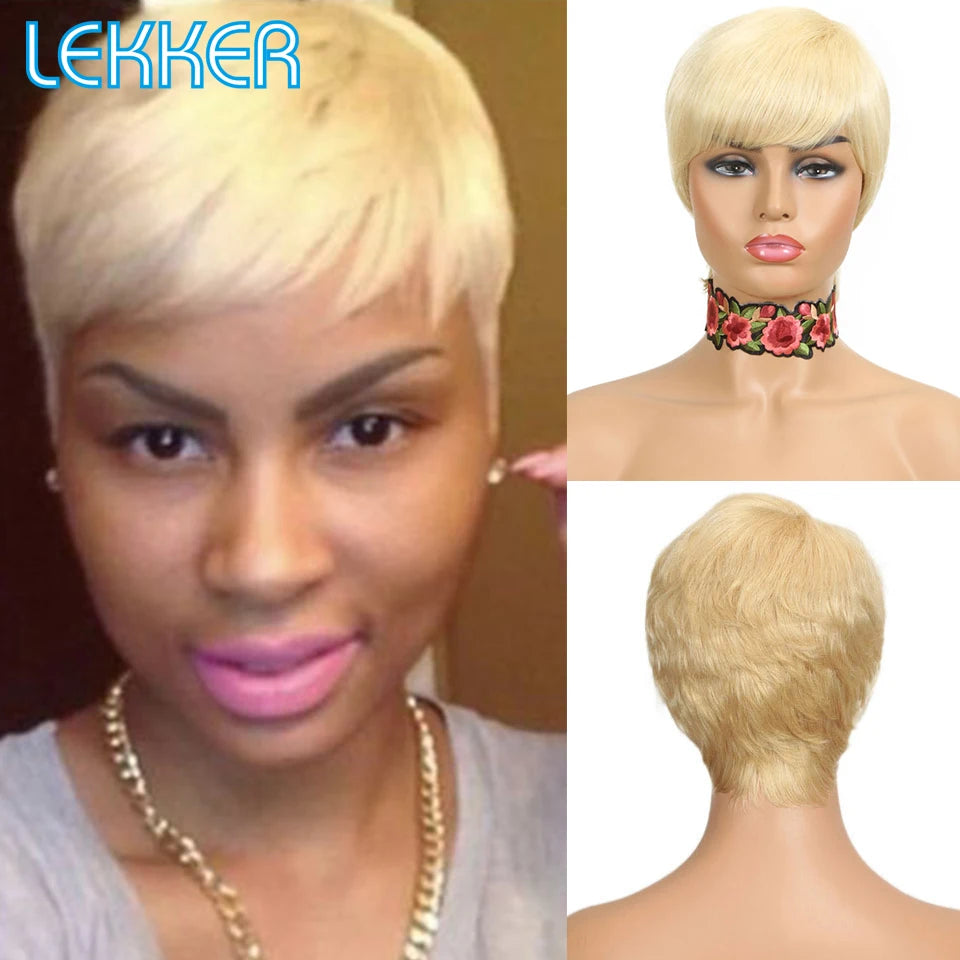 Lekker 613 Blonde Short Pixie Cut Bob 100% Human Hair Wigs For Women Brazilian Remy Hair Full Machine Made Colored Glueless Wig