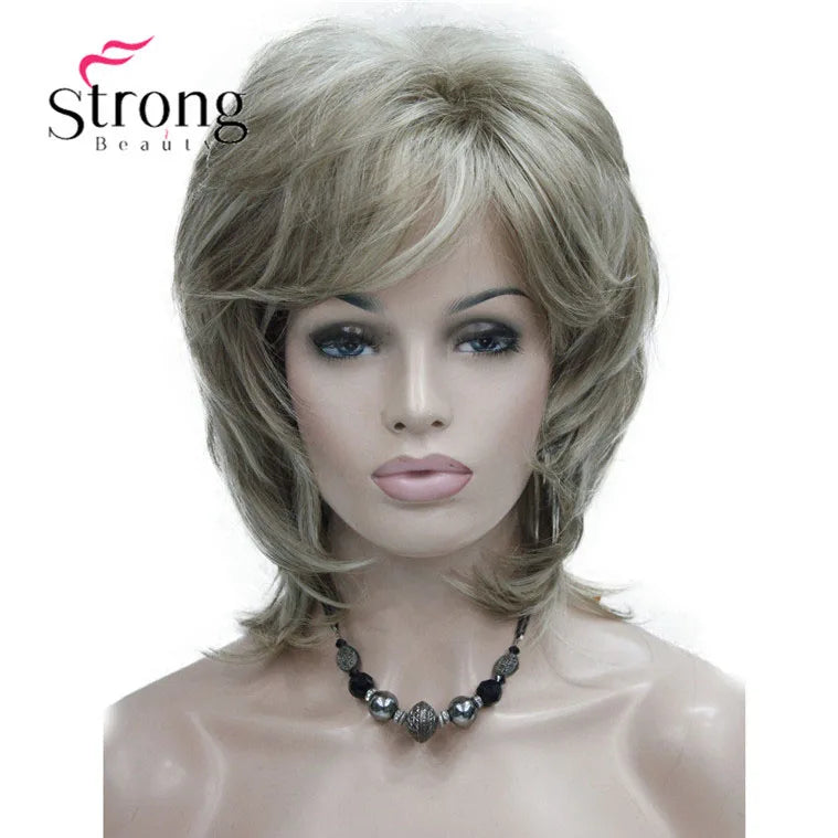 StrongBeauty Short Layered Brown with Blonde Highlighted Classic Cap Full Synthetic Wig Women's Hair Wigs for Women