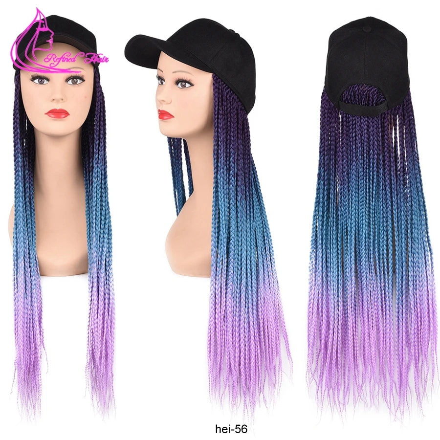 Synthetic Hat Wig Baseball Cap with Braiding Hair 24inch Long Braids Wigs Women Girls Daily Wear Ombre Blue Grey Brown Blonde