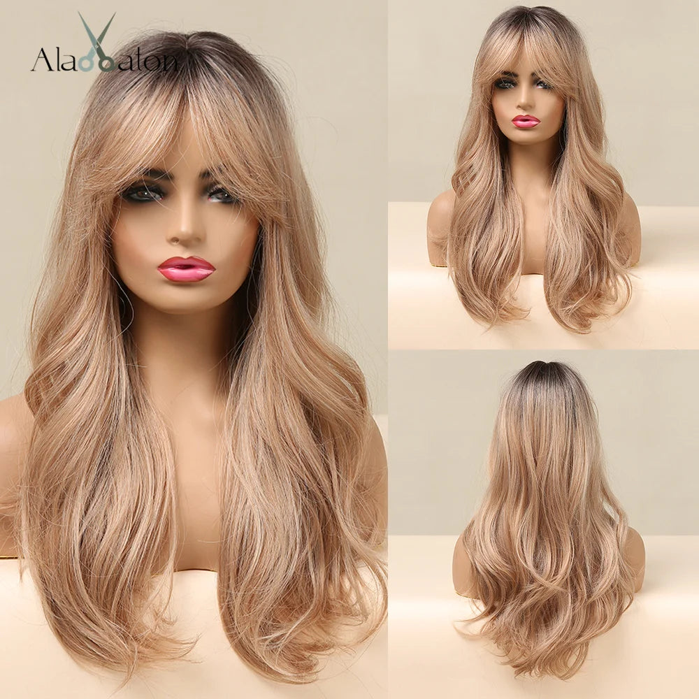 ALAN EATON Long Straight Layered Synthetic Wigs with Bangs Blonde Highlights on Brown Wigs for Black Women Afro Daily Party Hair