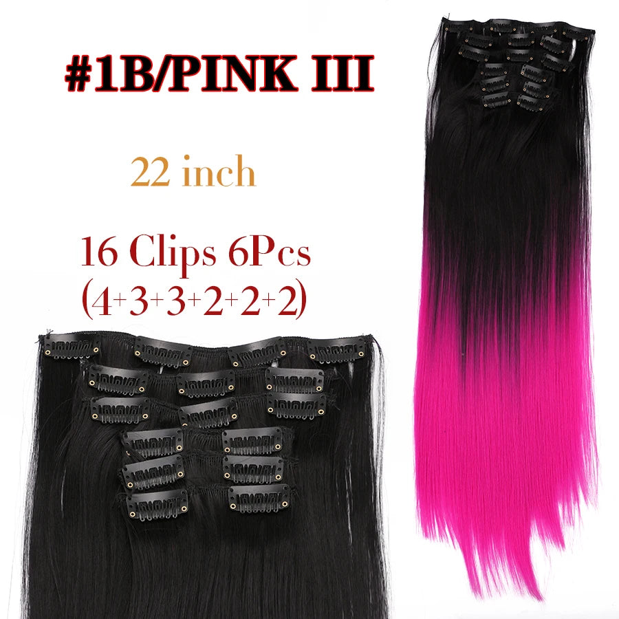 Clip-In Hair Extensions Syntetic Hair 22Inch Long Wave Hair Extensions Ombre Cclip-In One Piece 6Pcs/Set Fake Hairpiece