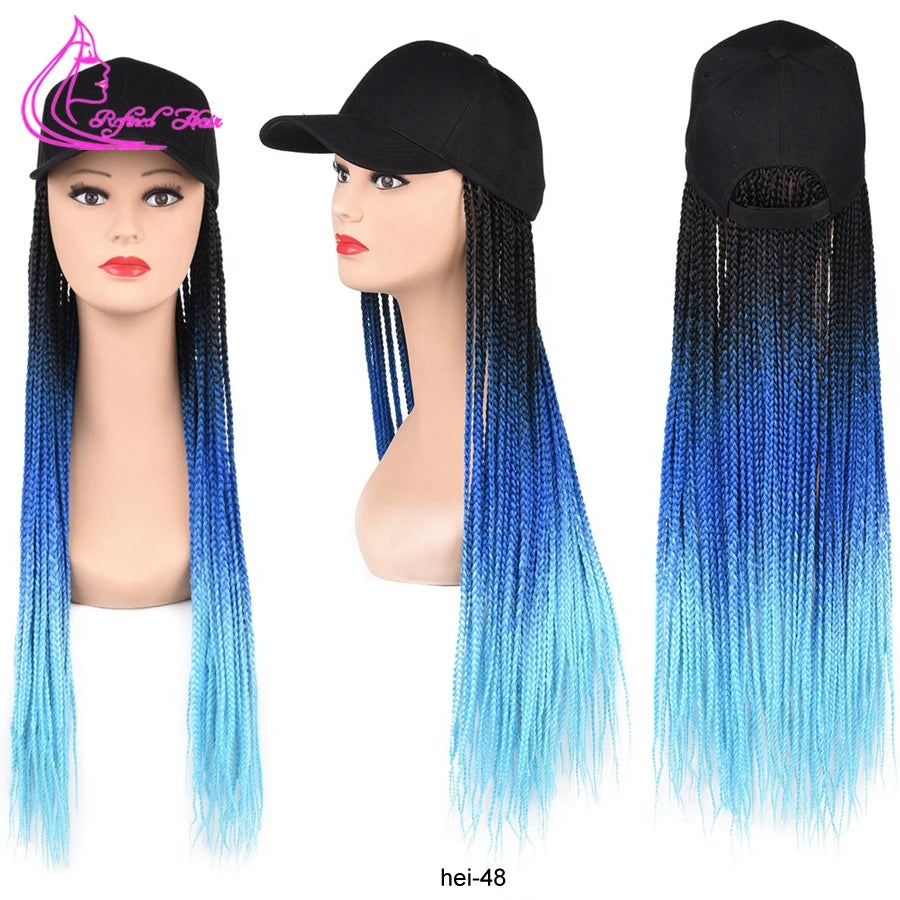Synthetic Hat Wig Baseball Cap with Braiding Hair 24inch Long Braids Wigs Women Girls Daily Wear Ombre Blue Grey Brown Blonde