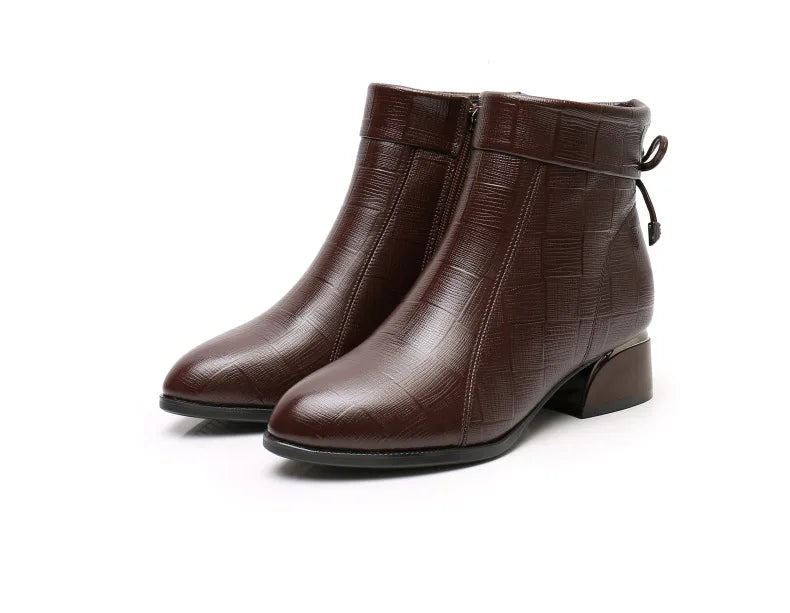 GKTINOO New Ankle Boots Women Pointed Toe Thick Heels Genuine Leather Shoes Short Boots Soft Sole Footwear Plus Size 35-43