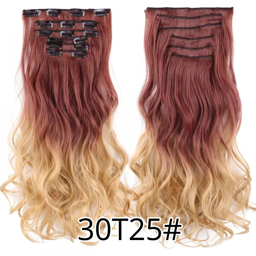 Clip-In Hair Extensions Syntetic Hair 22Inch Long Wave Hair Extensions Ombre Cclip-In One Piece 6Pcs/Set Fake Hairpiece