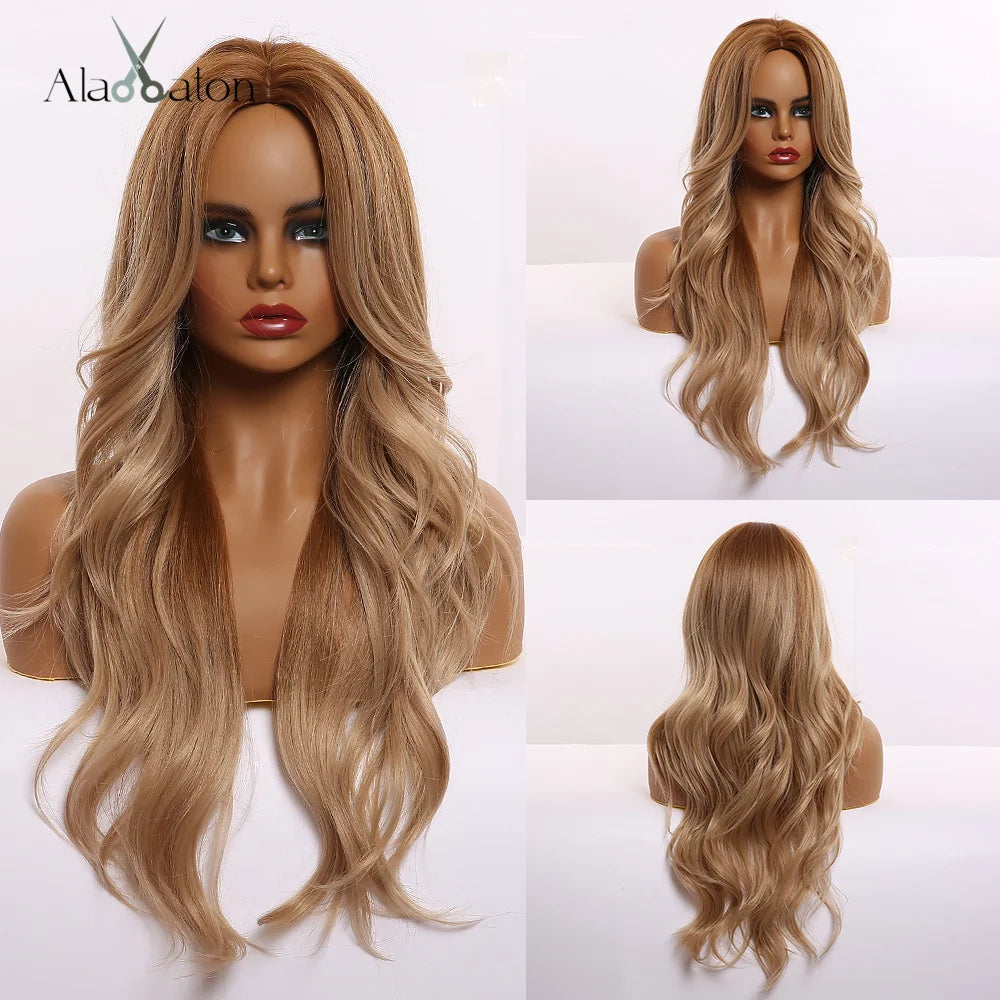 ALAN EATON Long Wave Dark Brown Synthetic Wigs for Black Women Middle Parted Wigs with Highlights Cosplay Hair Heat Resistant