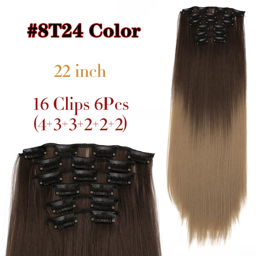 Clip-In Hair Extensions Syntetic Hair 22Inch Long Wave Hair Extensions Ombre Cclip-In One Piece 6Pcs/Set Fake Hairpiece