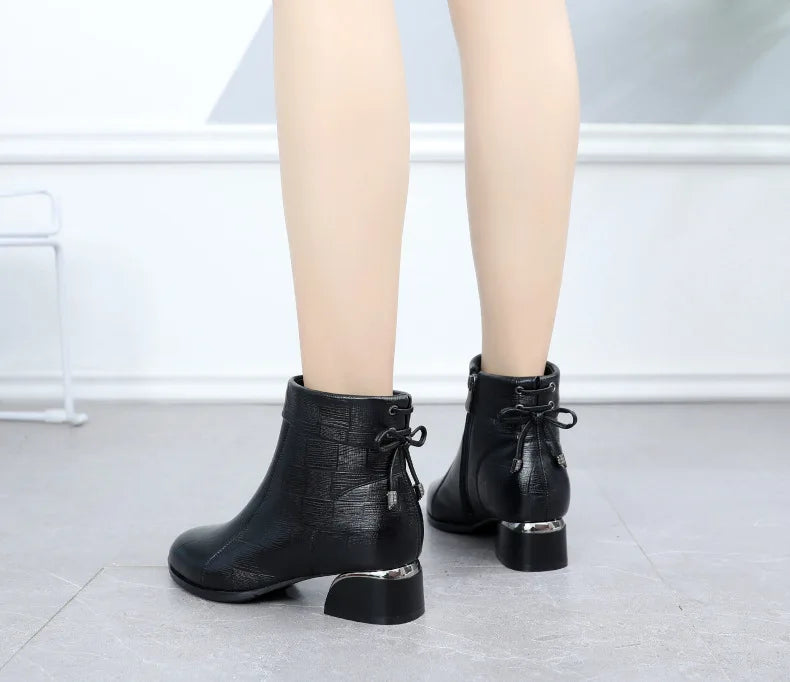 GKTINOO New Ankle Boots Women Pointed Toe Thick Heels Genuine Leather Shoes Short Boots Soft Sole Footwear Plus Size 35-43