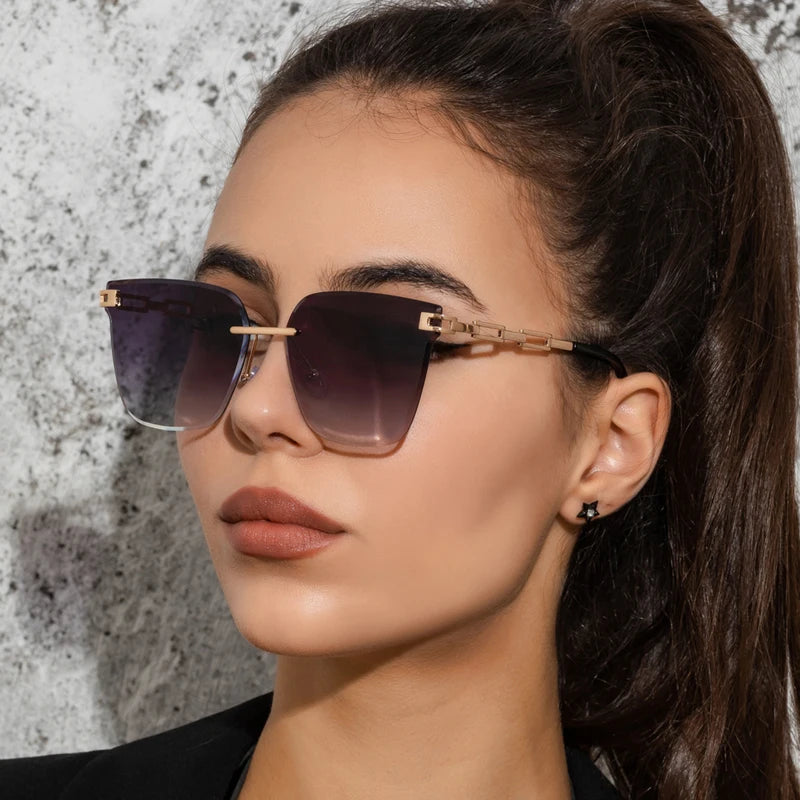 New Sunglasses Women Rimless Cat Eye Eyewear Gradient Brown Cutting Lens Sun Glasses For Female Alloy Eyeglasses Brand Designer