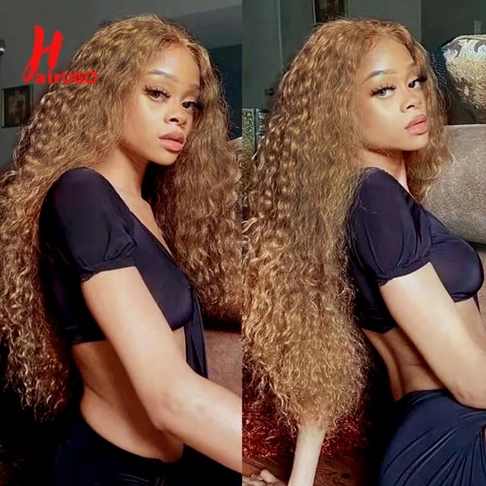 HairUGo Brazilian Kinky Curly Hair Bundles 27# Brown Remy 1/2/3 Kinky Curly Human Hair Weave Hair Extensions Blonde Hair Weaving