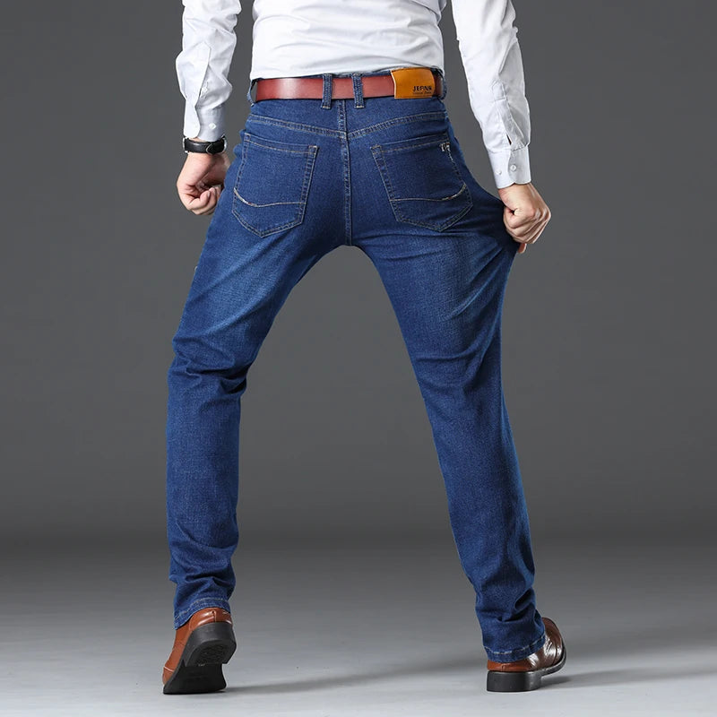 Mens Jeans  Business Regular Straight Full Lenght Jean Casual Denim Trousers Elasticity Stretch Fabric Pant