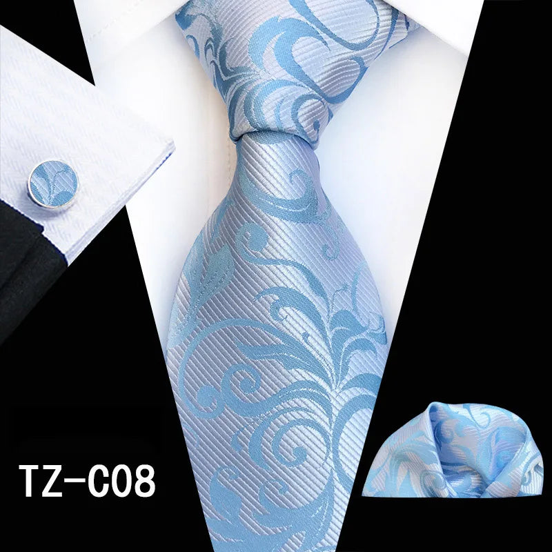 Ricnais Fashion 8cm Men's Silk Tie Set Red Green Floral Handkershief Cufflinks Necktie Suit Business Wedding Neck Ties Set Gift