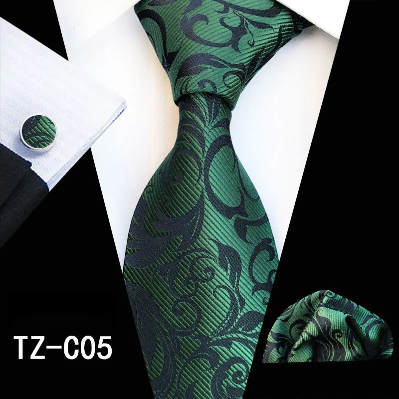 Ricnais Fashion 8cm Men's Silk Tie Set Red Green Floral Handkershief Cufflinks Necktie Suit Business Wedding Neck Ties Set Gift