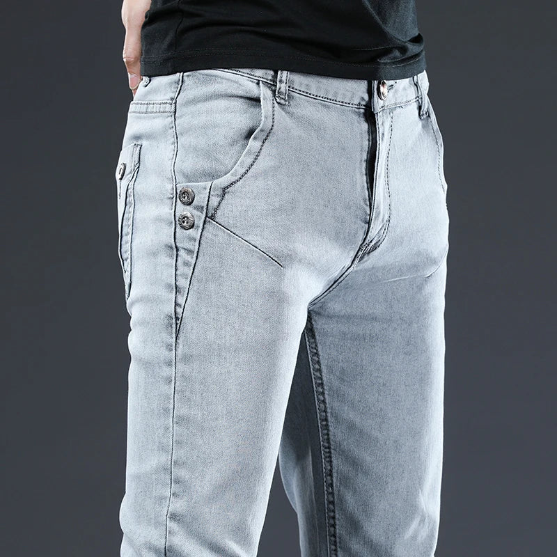 Trendy Men Skinny Jeans Retro Washed Snowflake Slim Fit Type Classic Simple Casual Fashion Street Skateboarding Denim Pants