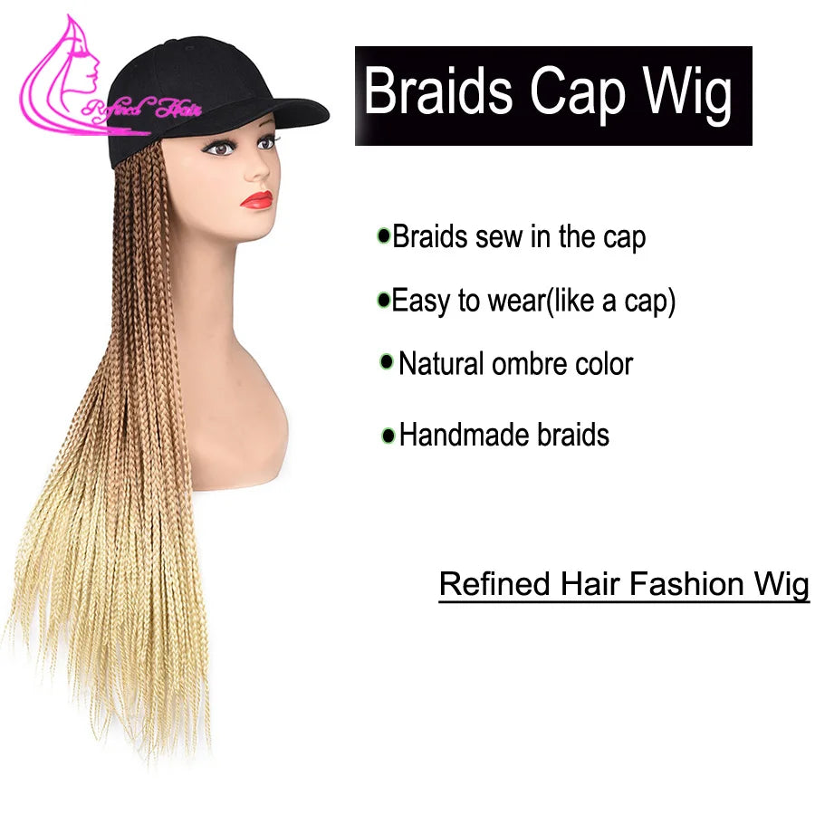 Synthetic Hat Wig Baseball Cap with Braiding Hair 24inch Long Braids Wigs Women Girls Daily Wear Ombre Blue Grey Brown Blonde