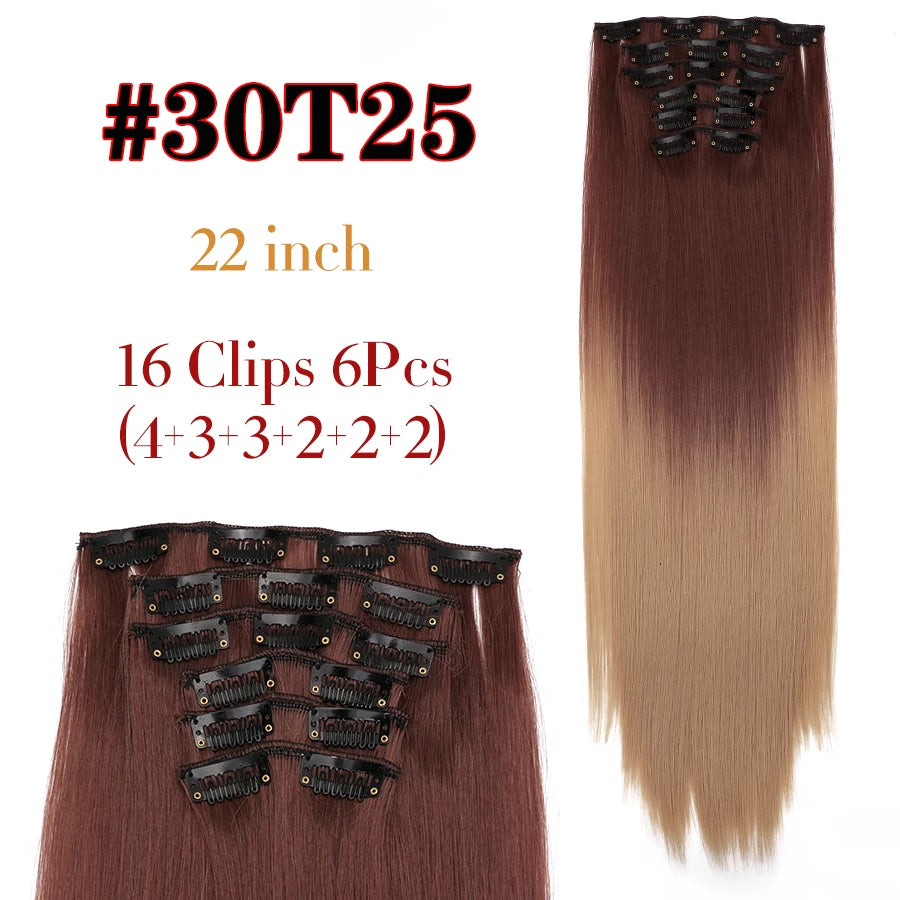 Clip-In Hair Extensions Syntetic Hair 22Inch Long Wave Hair Extensions Ombre Cclip-In One Piece 6Pcs/Set Fake Hairpiece
